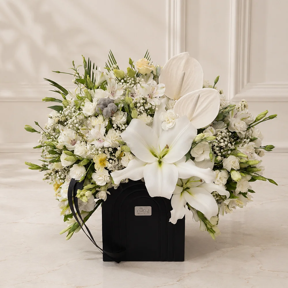 aram-flower-box باکس گل ارکیده و لیلیوم سفید آرام