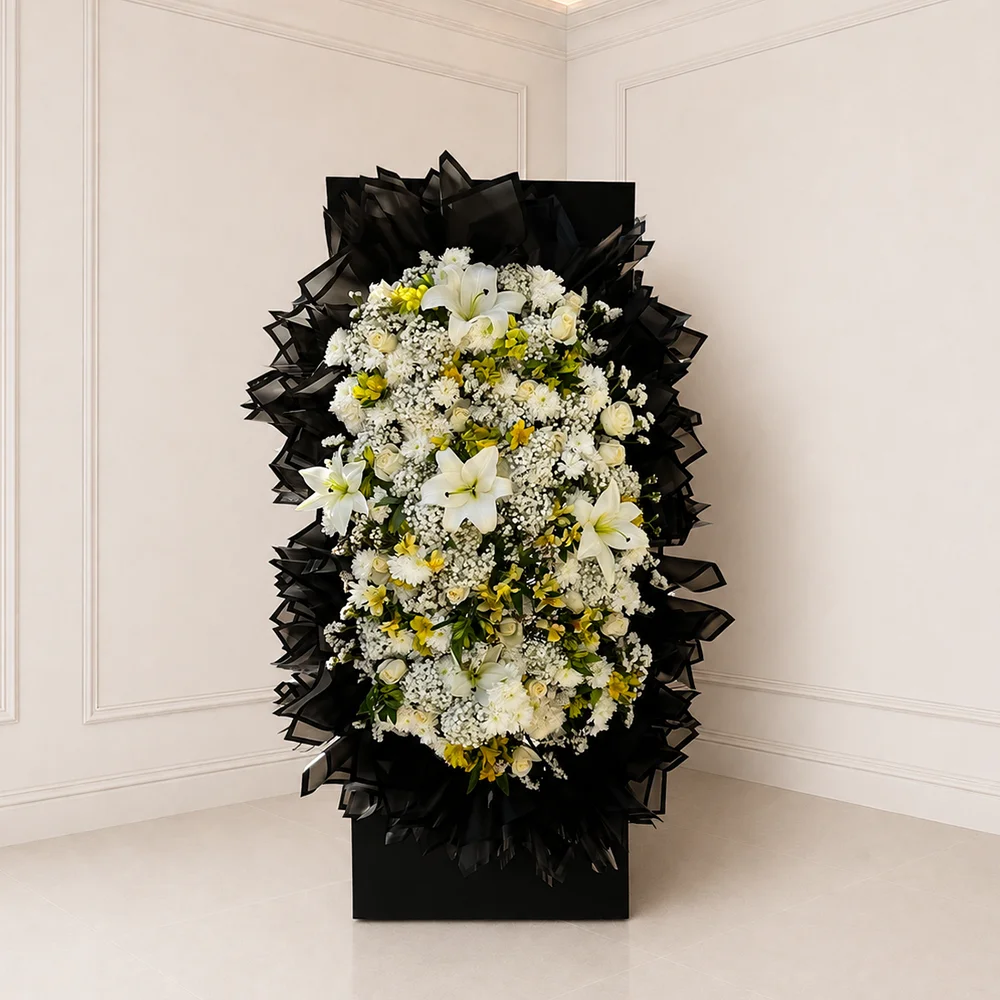 aramesh-wreath تاج گل ایستاده مشکی و سفید آرامش