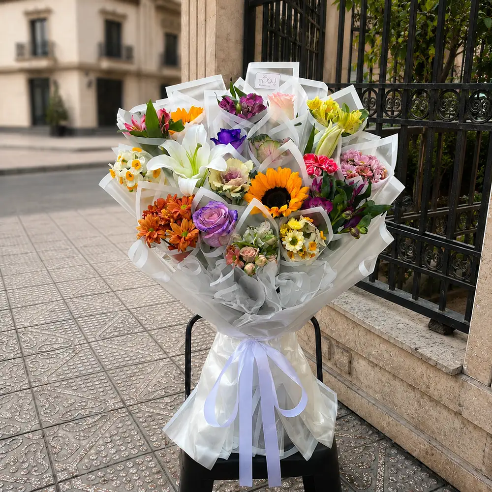 rozha-flower-bouquet دسته گل رنگارنگ ترکیبی روژا