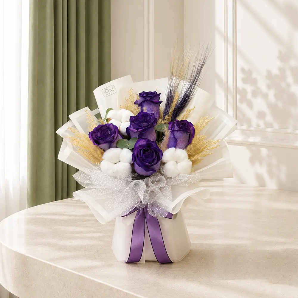 arghavan-flower-bouquet دسته گل اسفنجی رز بنفش ارغوان با پنبه و گندم