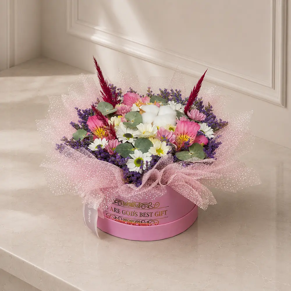 farimah-flower-box باکس گل گرد صورتی فریماه با کرزنتیا و آلسترومریا