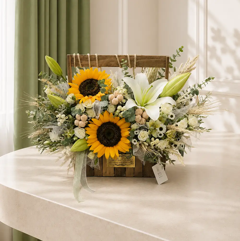 tara-flower-basket سبد گل چوبی لیلیوم آفتابگردان تارا با دیزاین مدرن سفید نباتی