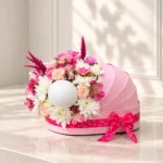 باکس گل گهواره ای رز مینیاتوری و آلسترومریا آرشیدا همراه با بادکنک کوچک