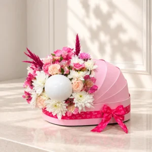 باکس گل گهواره ای رز مینیاتوری و آلسترومریا آرشیدا همراه با بادکنک کوچک