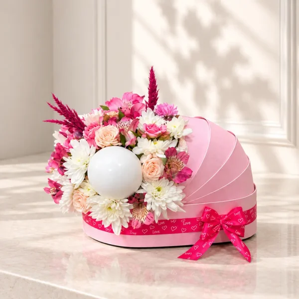 باکس گل گهواره ای رز مینیاتوری و آلسترومریا آرشیدا همراه با بادکنک کوچک