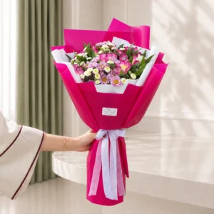 دسته گل سرخابی و سفید مدرن گلرخ با آلسترومریا و کرزنتیا